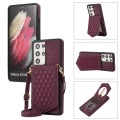 For Samsung Galaxy S21 Ultra 5G Rhombic Texture RFID Phone Case with Lanyard & Mirror(Wine Red)