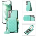 For Samsung Galaxy S22+ 5G Rhombic Texture RFID Phone Case with Lanyard & Mirror(Mint Green)