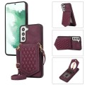 For Samsung Galaxy S22+ 5G Rhombic Texture RFID Phone Case with Lanyard & Mirror(Wine Red)