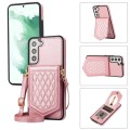 For Samsung Galaxy S22 5G Rhombic Texture RFID Phone Case with Lanyard & Mirror(Rose Gold)