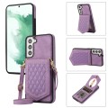 For Samsung Galaxy S21 5G Rhombic Texture RFID Phone Case with Lanyard & Mirror(Purple)