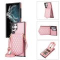 For Samsung Galaxy S22 Ultra 5G Rhombic Texture RFID Phone Case with Lanyard & Mirror(Rose Gold)