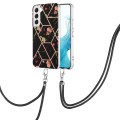 For Samsung Galaxy S23 5G Splicing Marble Flower IMD TPU Phone Case with Lanyard(Black Flower)