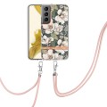 For Samsung Galaxy S23 5G Flowers and Plants Series IMD TPU Phone Case with Lanyard(Green Gardenia)