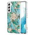 For Samsung Galaxy S23 5G Splicing Marble Flower IMD TPU Phone Case with Ring Holder(Blue Flower)