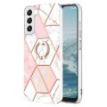 For Samsung Galaxy S23 5G Splicing Marble Flower IMD TPU Phone Case Ring Holder(Pink White)