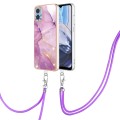 For Motorola Moto E22 Electroplating Marble Dual-side IMD Phone Case with Lanyard(Purple 001)