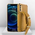 For Samsung Galaxy S23 5G Electroplated TPU Crocodile Pattern Leather Case with Wrist Strap(Yellow)