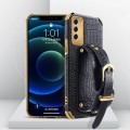 For Samsung Galaxy S23 5G Electroplated TPU Crocodile Pattern Leather Case with Wrist Strap(Black)