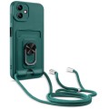 For Samsung Galaxy A04 / M13 5G Ring Kickstand Card Wallet TPU Phone Case with Lanyard(Dark Green)