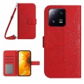For Xiaomi 13 HT04 Skin Feel Sun Flower Embossed Flip Leather Phone Case with Lanyard(Red)
