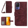 For TCL 40 SE HT04 Skin Feel Sun Flower Embossed Flip Leather Phone Case with Lanyard(Wine Red)