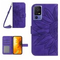 For TCL 40 SE HT04 Skin Feel Sun Flower Embossed Flip Leather Phone Case with Lanyard(Dark Purple)