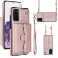 For Samsung Galaxy S20+ RFID Card Slot Leather Phone Case with Long Lanyard(Rose Gold)