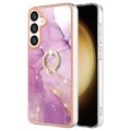 For Samsung Galaxy S24 5G Electroplating Marble IMD TPU Phone Case with Ring Holder(Purple 001)