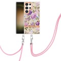 For Samsung Galaxy S24 Ultra 5G Flowers and Plants Series IMD TPU Phone Case with Lanyard(Purple Peo