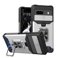 For Google Pixel 7a Camera Shield Card Slot Phone Case with Ring Holder(Silver)