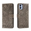 For Samsung Galaxy A04e Lace Flower Embossing Flip Leather Phone Case(Grey)