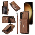 For Samsung Galaxy S23 Ultra 5G Zipper RFID Card Slots Phone Case with Short Lanyard(Brown)