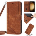 For Samsung Galaxy S23 Ultra 5G Skin Feel Stripe Pattern Leather Phone Case with Lanyard(Brown)