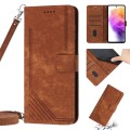 For Samsung Galaxy A03s 166mm Skin Feel Stripe Pattern Leather Phone Case with Lanyard(Brown)