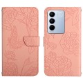 For vivo V27 HT03 Skin Feel Butterfly Embossed Flip Leather Phone Case(Pink)