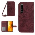 For Sony Xperia 1 V HT04 Skin Feel Sun Flower Embossed Flip Leather Phone Case with Lanyard(Wine Red