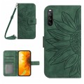 For Sony Xperia 10 V HT04 Skin Feel Sun Flower Embossed Flip Leather Phone Case with Lanyard(Green)