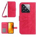 For Xiaomi 14 Skin Feel Sun Flower Embossed Flip Leather Phone Case with Lanyard(Rose Red)