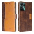 For OPPO Reno11 F 5G Contrast Color Side Buckle Leather Phone Case(Dark Brown + Gold)
