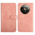 For Realme 12+ Global HT03 Skin Feel Butterfly Embossed Flip Leather Phone Case(Pink)