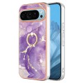 For Google Pixel 9 Pro Electroplating Marble IMD TPU Phone Case with Ring Holder(Purple 002)
