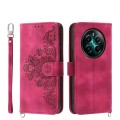 For Realme 12+ Skin-feel Flowers Embossed Wallet Leather Phone Case(Wine Red)