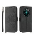 For Realme 12+ Skin-feel Flowers Embossed Wallet Leather Phone Case(Black)