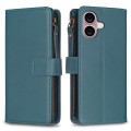 For iPhone 16 9 Card Slots Zipper Wallet Leather Flip Phone Case(Green)