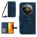 For Realme 12+ Global Skin Feel Sun Flower Embossed Flip Leather Phone Case with Lanyard(Inky Blue)