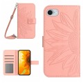 For iPhone SE 2024 Skin Feel Sun Flower Embossed Flip Leather Phone Case with Lanyard(Pink)