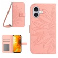 For iPhone 16 Plus Skin Feel Sun Flower Embossed Flip Leather Phone Case with Lanyard(Pink)