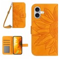 For iPhone 16 Plus Skin Feel Sun Flower Embossed Flip Leather Phone Case with Lanyard(Yellow)