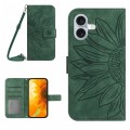 For iPhone 16 Plus Skin Feel Sun Flower Embossed Flip Leather Phone Case with Lanyard(Green)