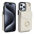 For iPhone 15 Pro Max Rhombic Texture Card Bag Phone Case with Long Lanyard(White)
