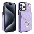 For iPhone 15 Pro Max Rhombic Texture Card Bag Phone Case with Long Lanyard(Light Purple)