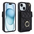 For iPhone 15 Plus Rhombic Texture Card Bag Phone Case with Long Lanyard(Black)