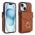 For iPhone 15 Plus Rhombic Texture Card Bag Phone Case with Long Lanyard(Brown)