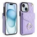 For iPhone 15 Plus Rhombic Texture Card Bag Phone Case with Long Lanyard(Light Purple)