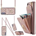 For Samsung Galaxy A54 5G Rhombic Texture Card Bag Phone Case with Long Lanyard(Rose Gold)