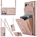 For Samsung Galaxy S24 Ultra 5G Rhombic Texture Card Bag Phone Case with Long Lanyard(Rose Gold)