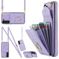 For Samsung Galaxy S24 5G Rhombic Texture Card Bag Phone Case with Long Lanyard(Light Purple)
