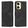 For OPPO A59 Skin Feel Stripe Pattern Leather Phone Case with Lanyard(Black)