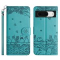 For Google Pixel 8a Cat Embossing Pattern Leather Phone Case with Lanyard(Blue)
